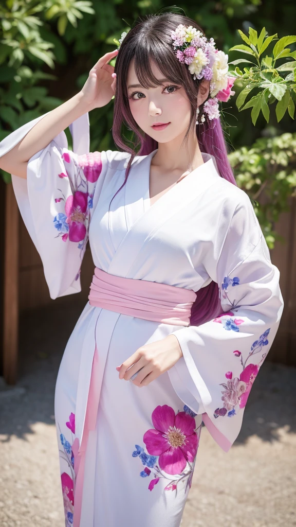 dynamic pose,1girl,pale skin,pink hair,delicate face,freckles,shy,(black linen kimono:1.3),(wide thigh gap:1.3,wide thighs:1.3),(white background),(best quality:1.2,ultra-detailed,realistic:1.37),portrait,soft colors,polished lighting