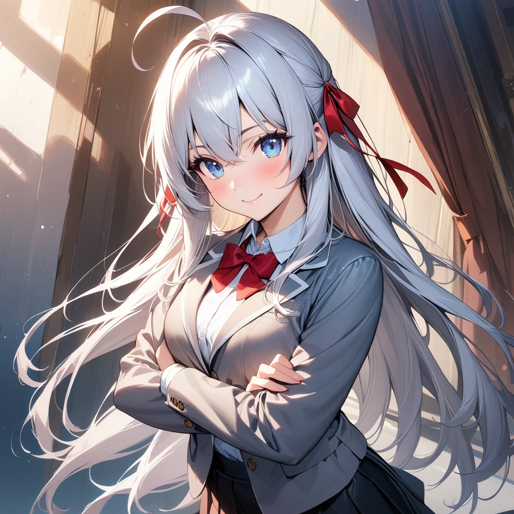 (masterpiece),(best quality),(ultra-detailed),(best illustration),(best shadow),(absurdres),(detailed background),(very aesthetic), alya(roshidere), white hair, long hair, bangs, blue eyes, hair ribbon, ahoge, red ribbon, skirt, shirt, long sleeves, bow, , jacket, white shirt, pleated skirt, collared shirt, bowtie, black skirt, red bow, red bowtie, blazer, grey blazer, long sleeves, upper body view, crossed arms, smile,