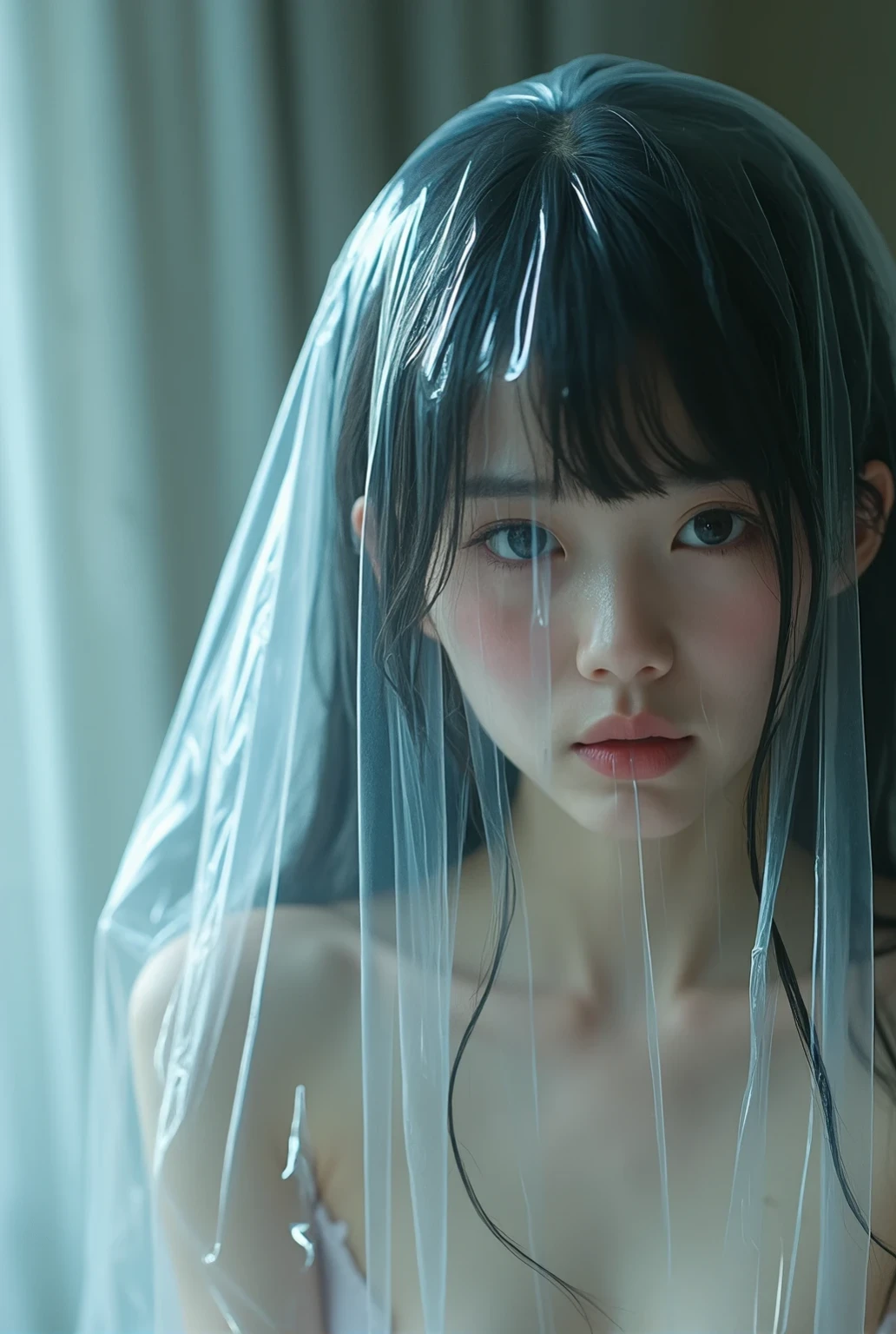 （Cinematic tones）（The film is in a cool gray tone）（Wet clothes：1.9）,（Get wet all over your body：1.9）,Top image quality, tmasterpiece, 超高分辨率, （Fidelity：1.4）, photore,deluge, stunningly beautiful woman, （Sorrow）, white  shirt, dim murky lights, shadowy, Desperate, Pity, Pathetic, Cinematic, Tears, tear drop, （ripped clothing：1.5）, （Wet clothes：1.4）, bare shoulders​, Real rain, wetting hair