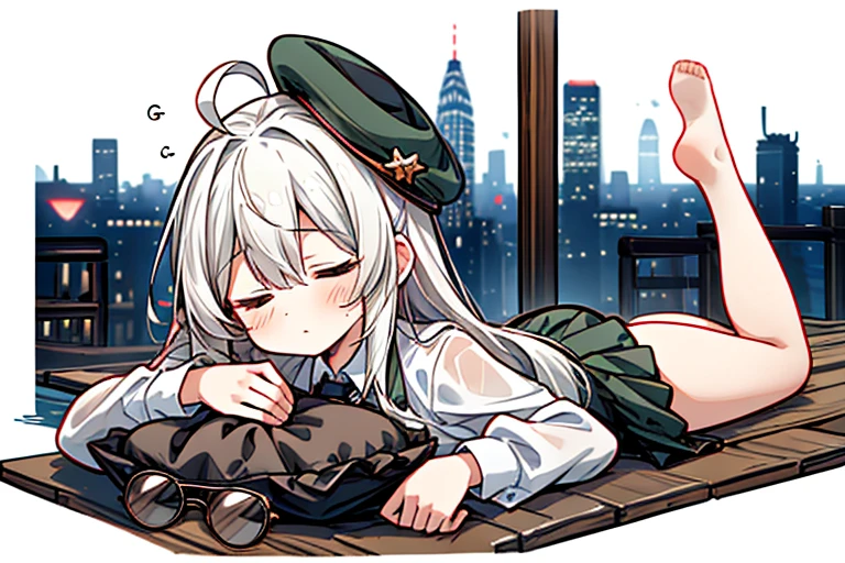 (highest quality，masterpiece:1.3)，((1 cute girl:1.2))，(:1.2),expressive 目s, Perfect Face，Brown eyes，dark green beret,White hair,long ahoge,Round Glasses Black，retro city background,Brown tie,brown skirt,Dark green jacket,Low Perspective，Wet shirt，amount, open amount,yuri
yuri nsfw,pure sleep, (wide shot, white background, simple background), (solo, 1girl), sleeping, (closed eyes:1.2), full body, lying, on stomach, sleepy, legs together, pillow,