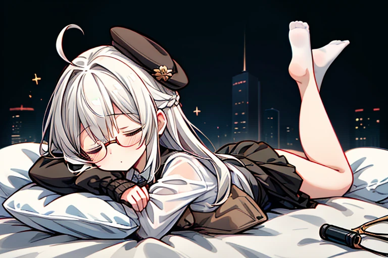 (highest quality，masterpiece:1.3)，((1 cute girl:1.2))，(:1.2),expressive 目s, Perfect Face，Brown eyes，dark green beret,White hair,long ahoge,Round Glasses Black，retro city background,Brown tie,brown skirt,Dark green jacket,Low Perspective，Wet shirt，amount, open amount,yuri
yuri nsfw,pure sleep, (wide shot, white background, simple background), (solo, 1girl), sleeping, (closed eyes:1.2), full body, lying, on stomach, sleepy, legs together, pillow,