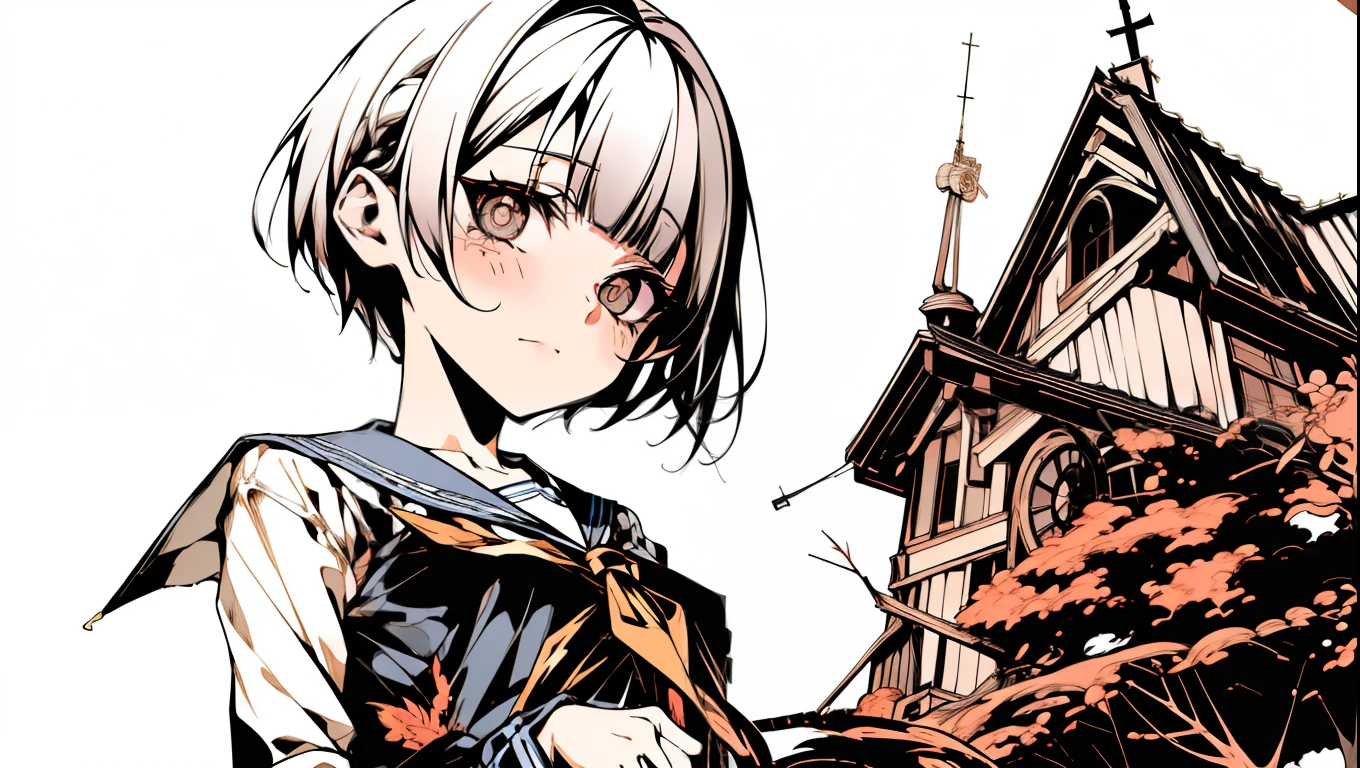 reaching out 、from below、ショートヘア、blunt bangs、輪っかの目、オレンジ色の瞳、v5lcn style,(Best Quality,masutepiece:1.2),(Anime style,Comic Noir Style:1.1),1girl in,cute-style,Adorable,extremely detailed eye,extra detailed face,very detail hair,8K,resolution,High School Girl,Sailor Uniform