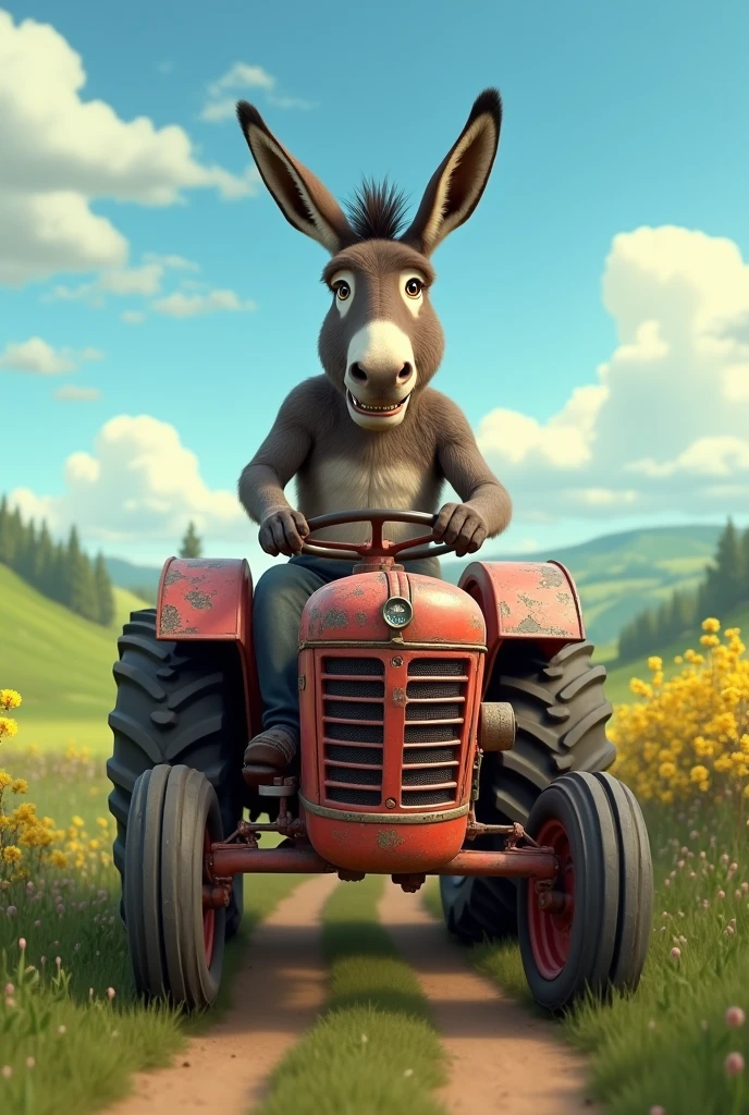 rabbit girl, rabbit teeth, huge breasts, riding tractor ,nude, from behind, standing, farmer staring, smiling, short blonde hair, <lora:ZankuroV2-000008:0.8>, grassy field