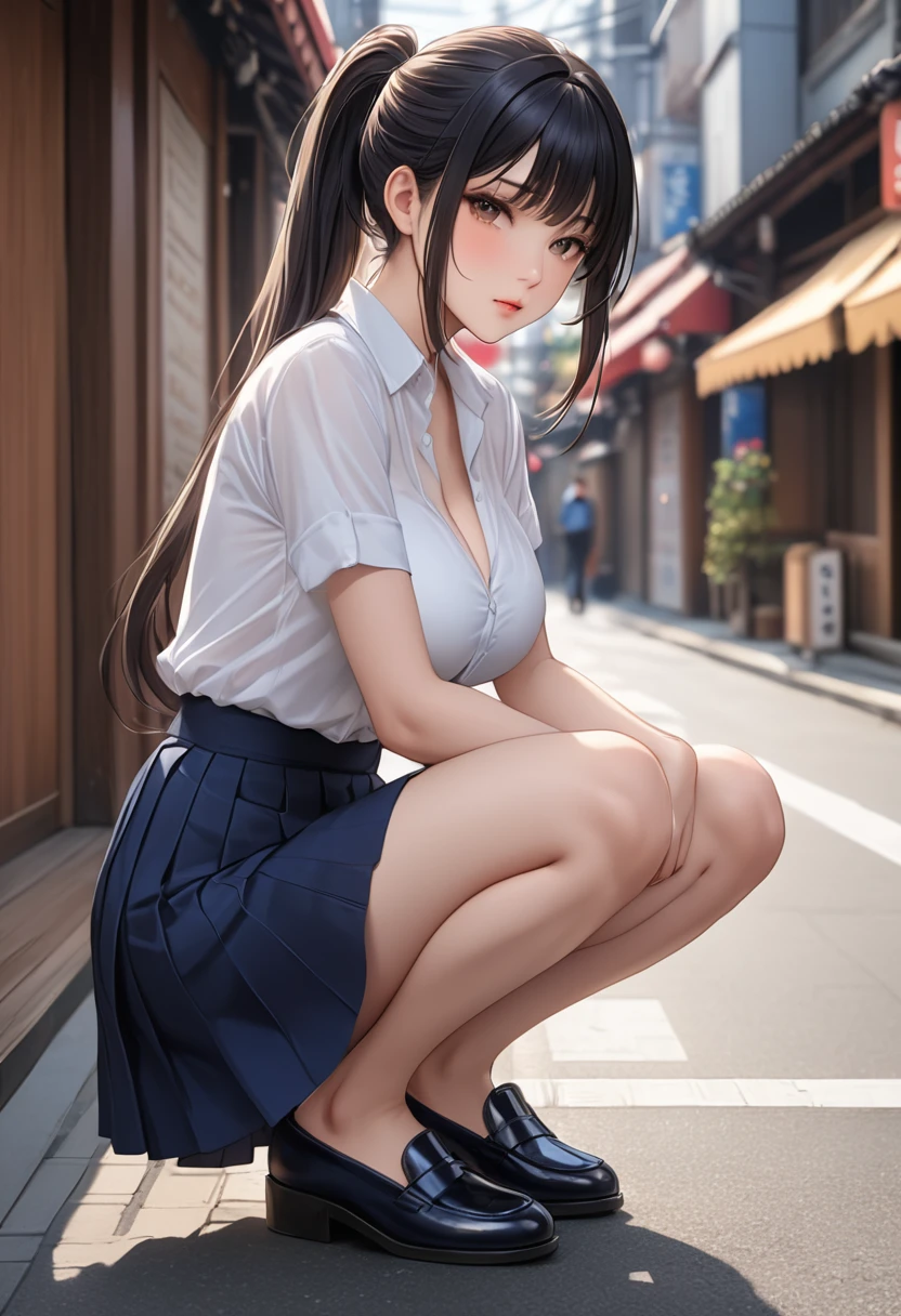 Top quality, masterpiece, (Reality: 1.2), 1 girl, brown hair, brown eyes, frontal view, detailed face, beautiful eyes, full body, sitting on bench, pleated miniskirt, open legs, lace panties, menstruating, using feminine intimate pad, nice thigh, nice legs, detailed skin,