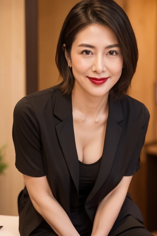 One Japanese woman, Detailed face, Red lipstick, Captivating look, From the chest up, highest quality, Very detailed, Perfect Anatomy, Wearing a black suit, Straight Hair, Age 37, mature, sexy, A slight smile, Well-shaped D cup breasts, Cleavage, office, (Looking at the camera), (From above)