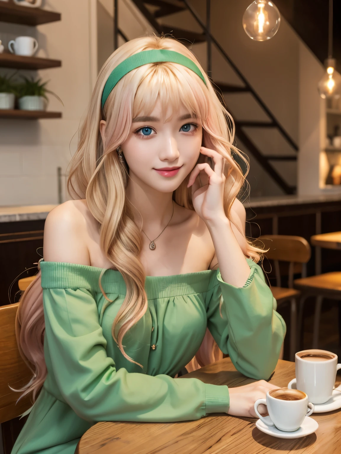 natural skin,(close-up:1.0) photo of as (young:1.0) woman, (oiled skin:1.0), (tilted angle shot:1.0), (8k uhd:1.0), (best quality:1.0), (masterpiece:1.0), (sharp focus:1.0), Realistic photos,
BREAK ars old, sherly nome, multicolored hair, ((gradient hair, pink hair, blonde hair, (long hair:1.5), (wavy hair:1.3))), large breasts, blue eyes, mature woman
BREAK smile, upper body, (light green dress shirt:1.3), (off shoulder:1.3), Stage Background, Green Hair Band, wood ring on arm, necklace,
BREAK ((The interior of the cafe with soft light shining in)), (There are many antique tables and chairs), ((Clock, houseplants, stairs, hanging L lights, (cafe supplies:1.2), shelves with coffee beans)).((reflect))
BREAK , close up, ((head rest)), sitting, drinking coffee, antique coffee cup, smile broadly,
BREAK Morning Light in the cafe,