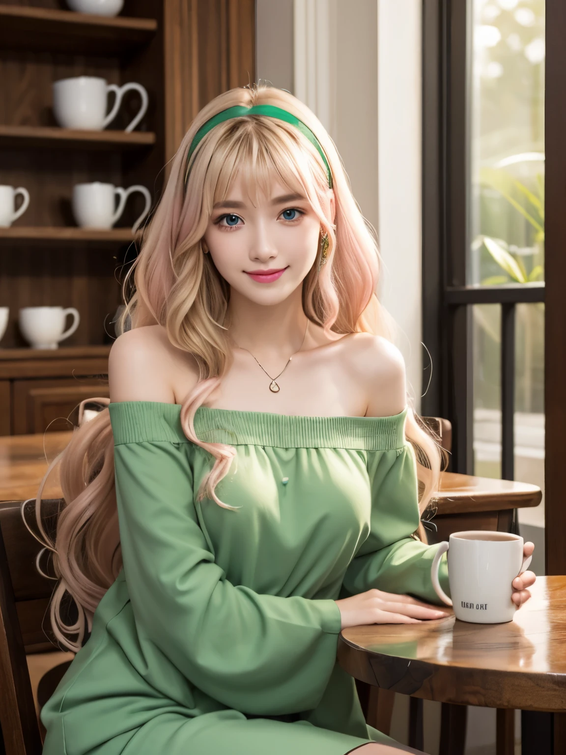 natural skin,(close-up:1.0) photo of as (young:1.0) woman, (oiled skin:1.0), (tilted angle shot:1.0), (8k uhd:1.0), (best quality:1.0), (masterpiece:1.0), (sharp focus:1.0), Realistic photos,
BREAK ars old, sherly nome, multicolored hair, ((gradient hair, pink hair, blonde hair, (long hair:1.5), (wavy hair:1.3))), large breasts, blue eyes, mature woman
BREAK smile, upper body, (light green dress shirt:1.3), (off shoulder:1.3), Stage Background, Green Hair Band, wood ring on arm, necklace,
BREAK ((The interior of the cafe with soft light shining in)), (There are many antique tables and chairs), ((Clock, houseplants, stairs, hanging L lights, (cafe supplies:1.2), shelves with coffee beans)).((reflect))
BREAK , close up, ((head rest)), sitting, drinking coffee, antique coffee cup, smile broadly,
BREAK Morning Light in the cafe,