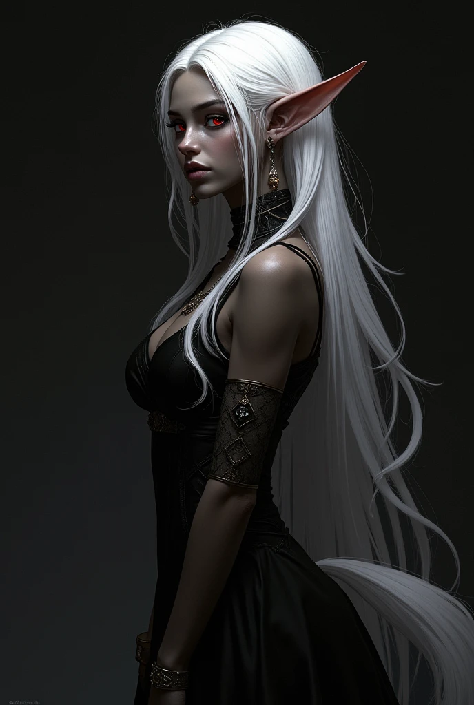 hyper realistic ultra detailed modern acrylic painting of a dark elven goddess of sinister diabolic beauty and seductive power, (extrem detailed and symmetrical face:1.5), black clothes, (masterpiece:1.5), dynamic elegant and alluring pose, (showcasing perfect slim slender anatomy:1.2), (very pale skin:1.9), (long black hair: 1.2), moist large intense eyes, dynamic lighting, hdr, uhd, 8k