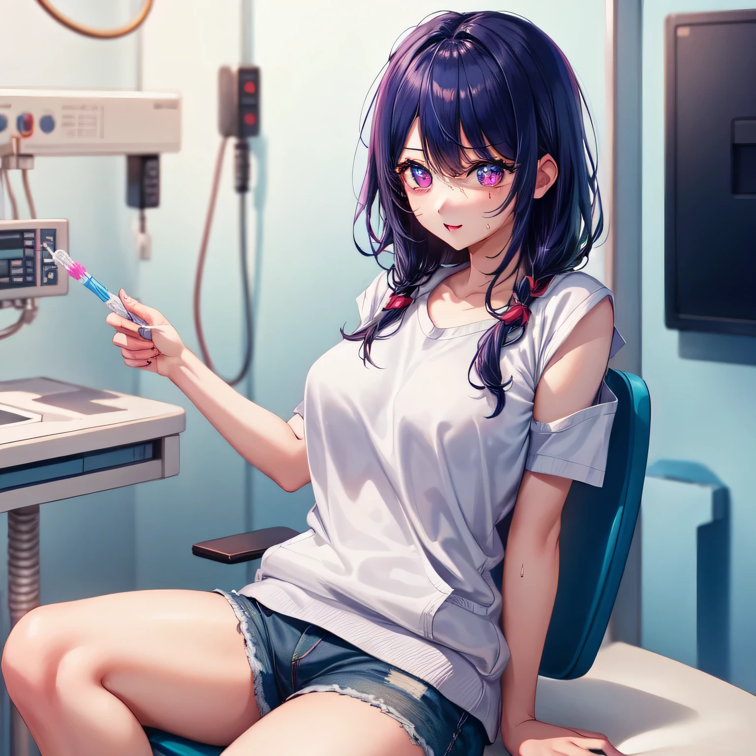 A young girl, scrubs, , operation room, 3 dildo, 2 vibrators, 6 condoms, laying on bed