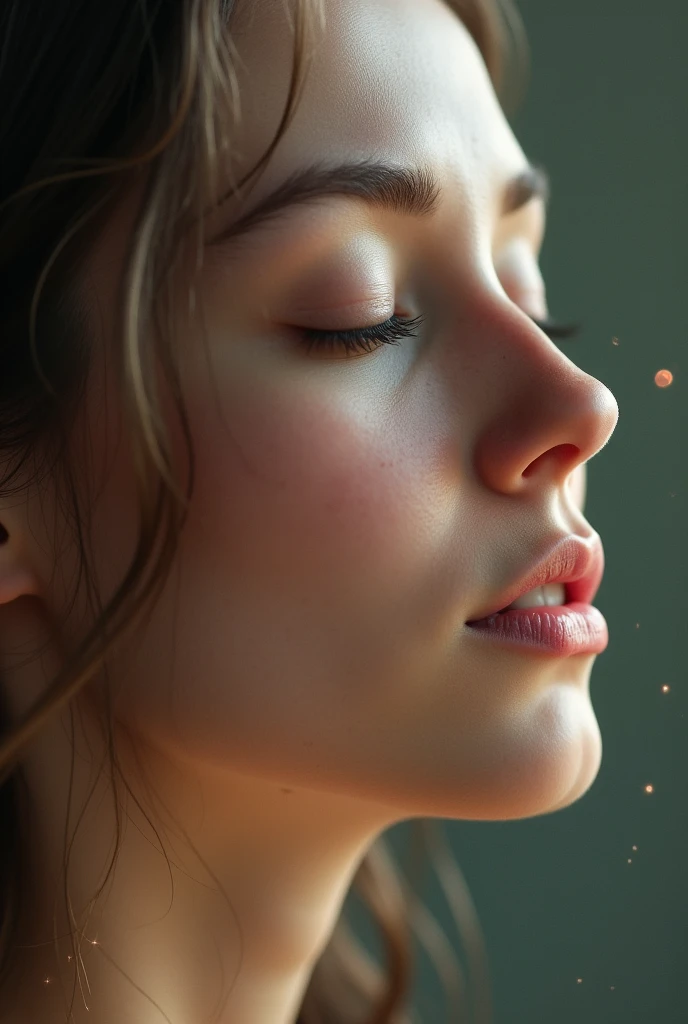 Close-up of a mouth or person with eyes closed, repeating a mantra softly, with sound waves or soft lines coming out of your mouth, symbolizing the repetition of words.