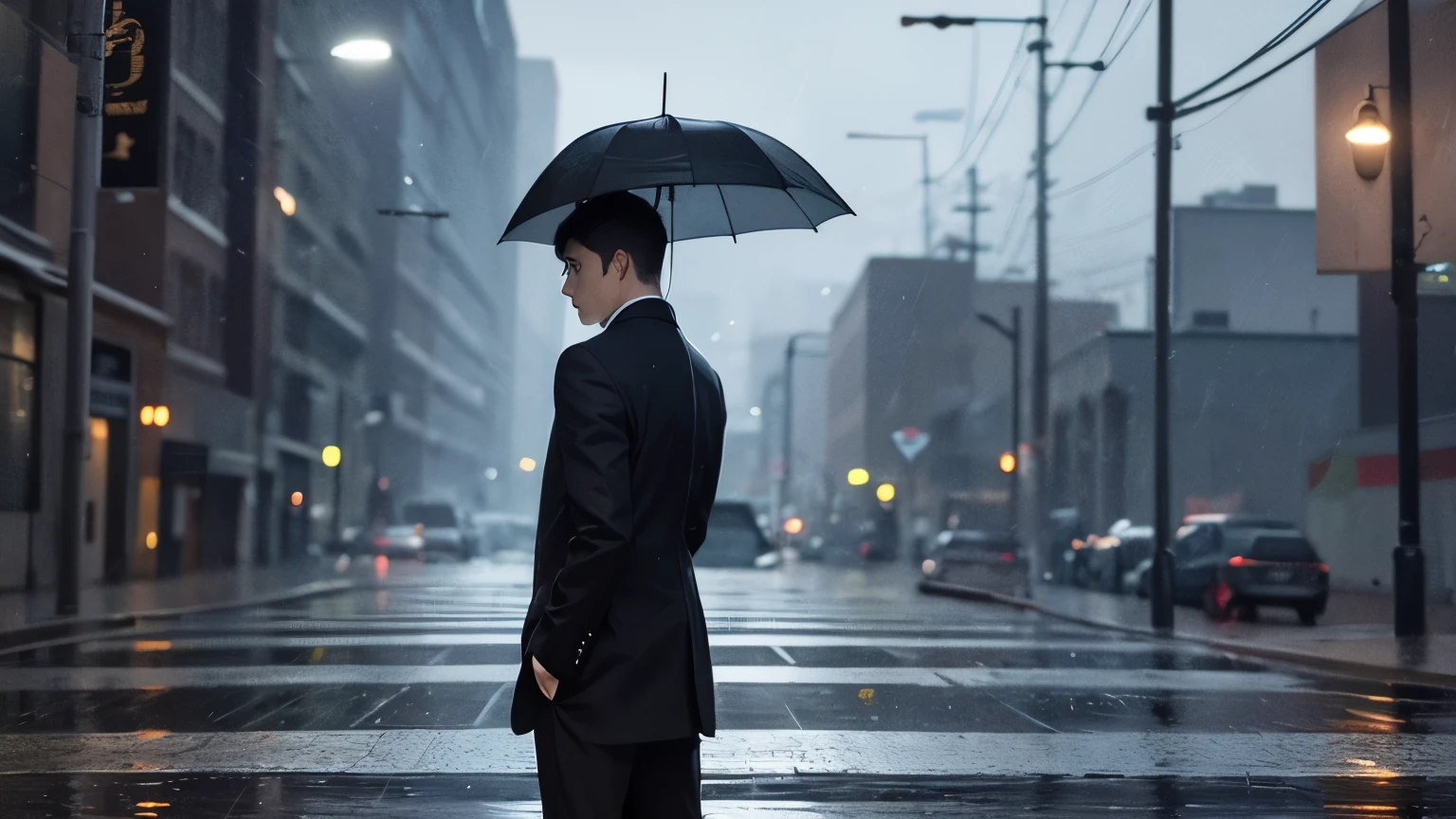 A painting depicts a young man with a sorrowful expression, standing in the rain. He is standing in the middle of a quiet street with few passersby. The background shows a city at night with a few small lights, blurred in the distance. The painting is set in dark and gloomy tones, evoking a sense of sadness, look away, him stand in 1/3 picture,