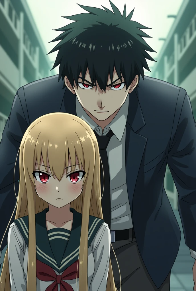 Create a black haired boy, smoking in a school hallway. A fair-haired girl is watching this boy, she has a short red skirt and a white blouse