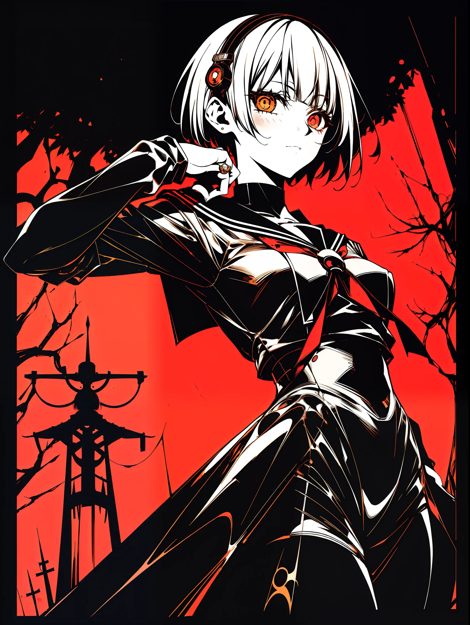 reaching out 、Extend both hands to the viewer、from below、short hair、blunt bangs、Ring Eyes、Orange Eyes、v5lcn style,(Best Quality,masutepiece:1.2),(Anime style,Comic Noir Style:1.1),1girl in,cute-style,adorable,extremely detailed eye,extra detailed face,very detail hair,8k,resolution,High School Girl,Sailor Uniform