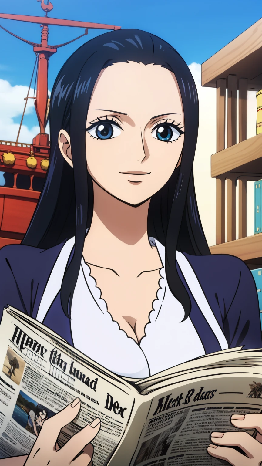 (masterpiece, best quality, high resolution, 8k:1.2), Anime coloring, detailed, from one piece, Estilo One Piece, Local art, arte chave, Ship, bookcase, black haired woman long hair, Happy expression and laughter, Pose for Photo, majo, glad, diary on her hand, perfect hands, nico robin, vestindo roupas pretas, middlebreasts, Reading the newspaper, on the mast of the sexy ship