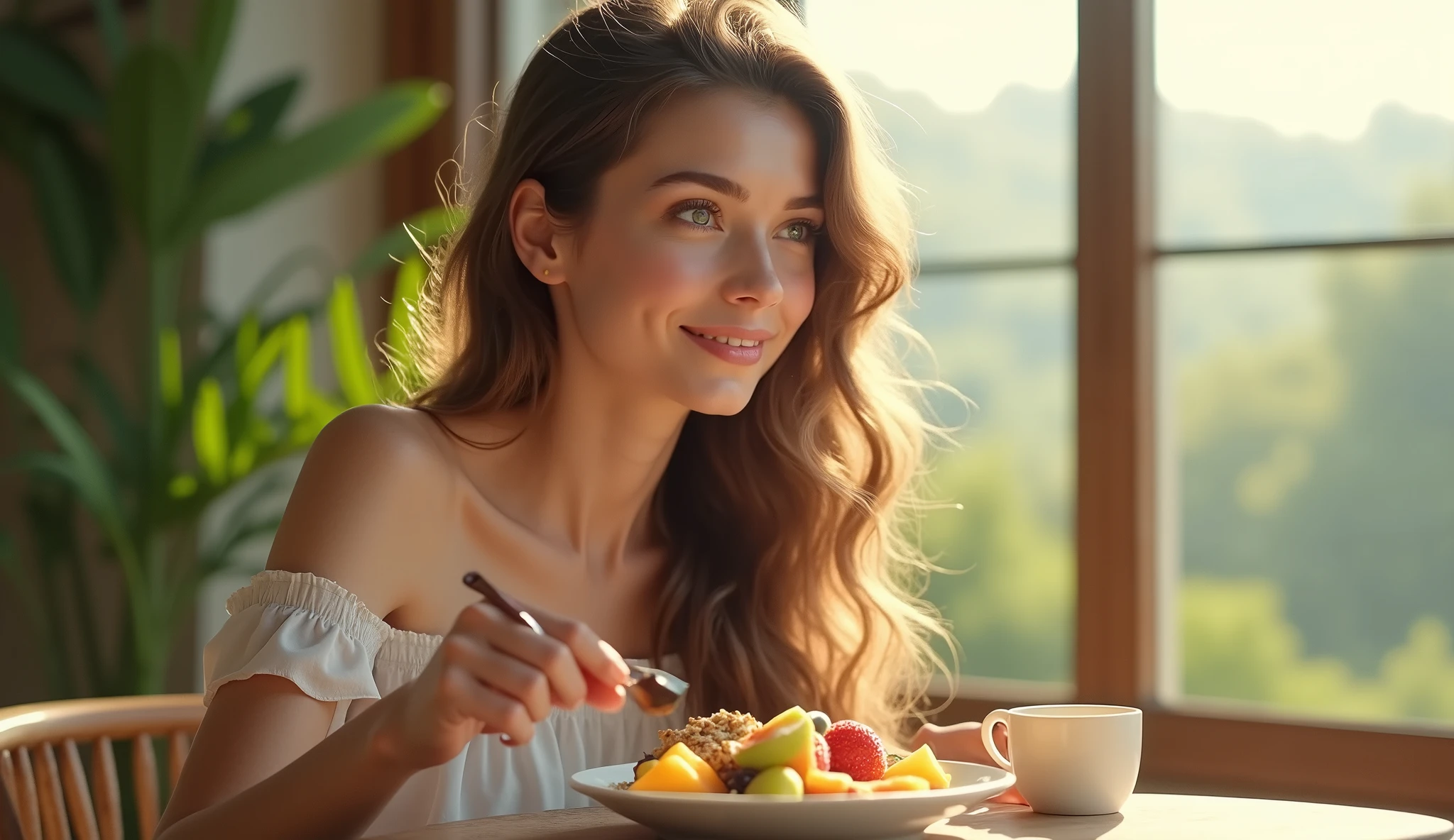 Realistic young woman, At the acai shop ,chestnut hair,eating acai , ultra HD, high qualiy, best qualityer, high resolution, 8k, 16K
