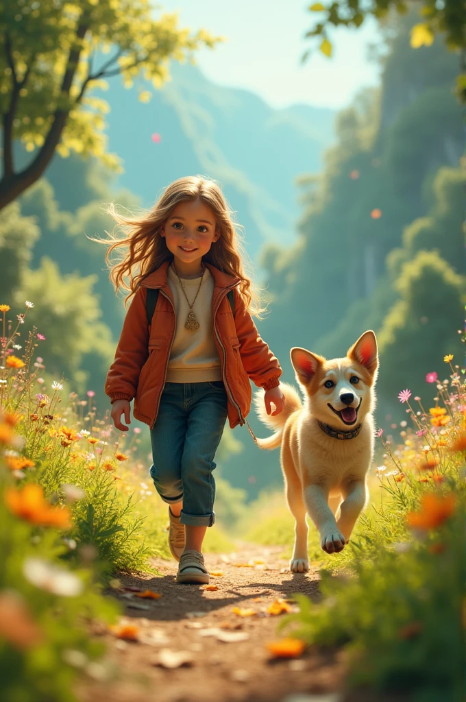 Draw a young girl ((very young)) with brown hair and blue dress, returning home with the sunset on a forest path. By his side a brown and white beagle.