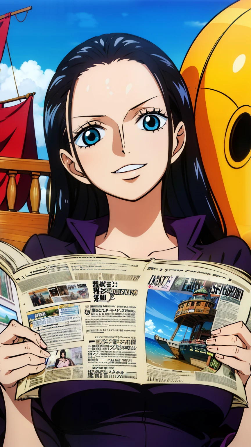 (masterpiece, best quality, high resolution, 8k:1.2), anime coloring, details, from One Piece, One Piece style, Nico Robin, black haired woman long hair, large medium breasts, happy expression and laughing, glad, pose for photo, witch, diary in her hands, perfect hands, woman in black, mid-breasted, reading newspaper, sexy on the mast of a ship, cowboy shot,