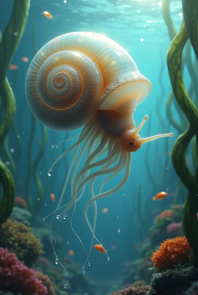Nautilus swimming in the deep sea, with its striking spiral shell and trailing tentacles.