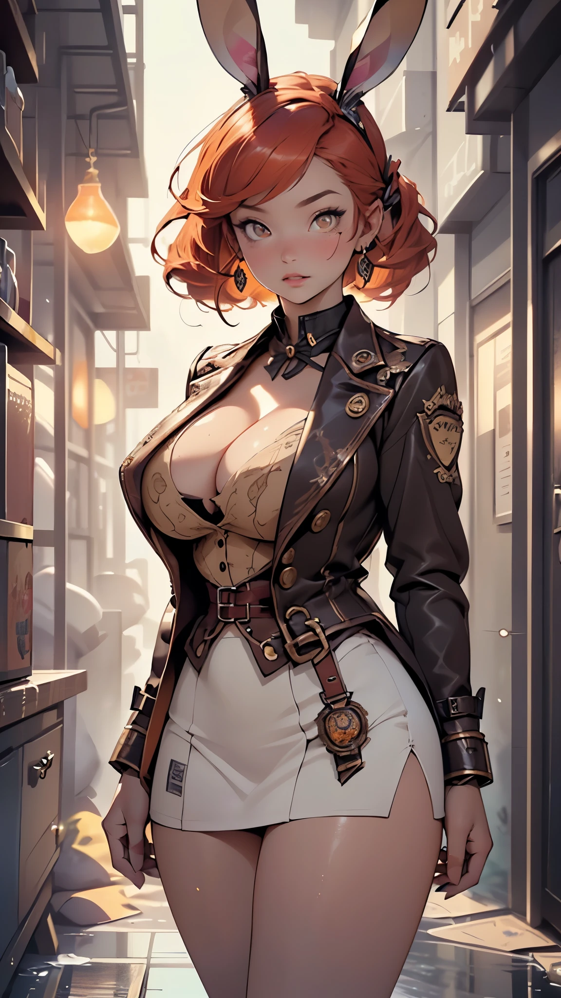 ((curvy thick)), steampunk diva, leather harness, mini skirt, aviator goggles, darker catacombs, face detailing, semi grin, strong stance