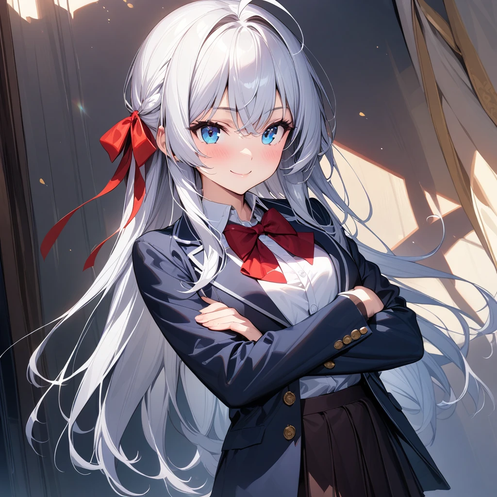 (masterpiece),(best quality),(ultra-detailed),(best illustration),(best shadow),(absurdres),(detailed background),(very aesthetic), alya(roshidere), white hair, long hair, bangs, blue eyes, hair ribbon, ahoge, red ribbon, skirt, shirt, long sleeves, bow, , jacket, white shirt, pleated skirt, collared shirt, bowtie, black skirt, red bow, red bowtie, blazer, grey blazer, long sleeves, upper body view, crossed arms, smile,