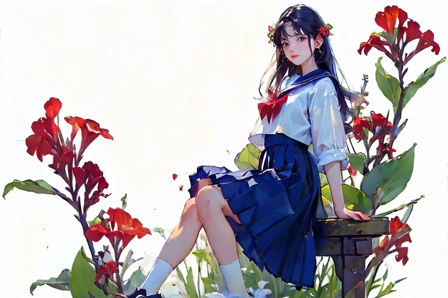 (masterpiece, Highest quality:1.2), One girl, Biking, Foot piercing, alone, whole body, Semi-long hair, Sailor suit, (Long pleated skirt:1.4)、(Red canna flowers blooming)、White Background、Background Blwholeur、Watercolor of singer Sargent、Impressionist style painting、