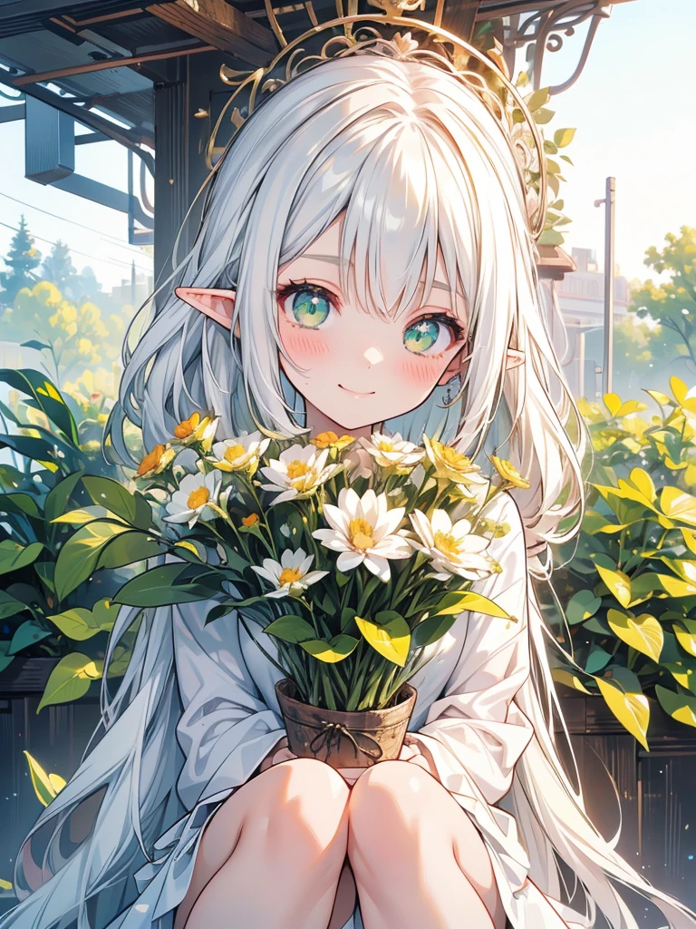 masterpiece, best quality, 1girl, ultra detailed, ultra highres, well-definded facial features, anatomically correct, cute girl, long pointy ears, elf, nice face,white hair, green eyes, hugging bouquet, smile, blush, top-down view, 