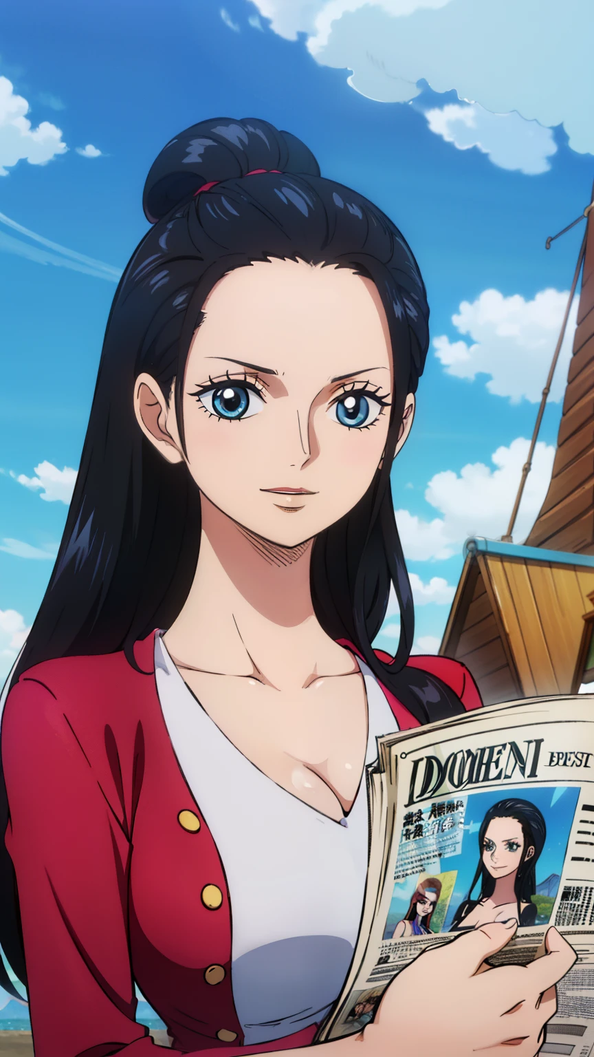 (masterpiece, best quality, high resolution, 8k:1.2), anime coloring, details, from One Piece, One Piece style, Nico Robin, black haired woman long hair, large medium breasts, happy expression and laughing, glad, pose for photo, witch, diary in her hands, perfect hands, woman in black, mid-breasted, reading newspaper, sexy on the mast of a ship, cowboy shot,