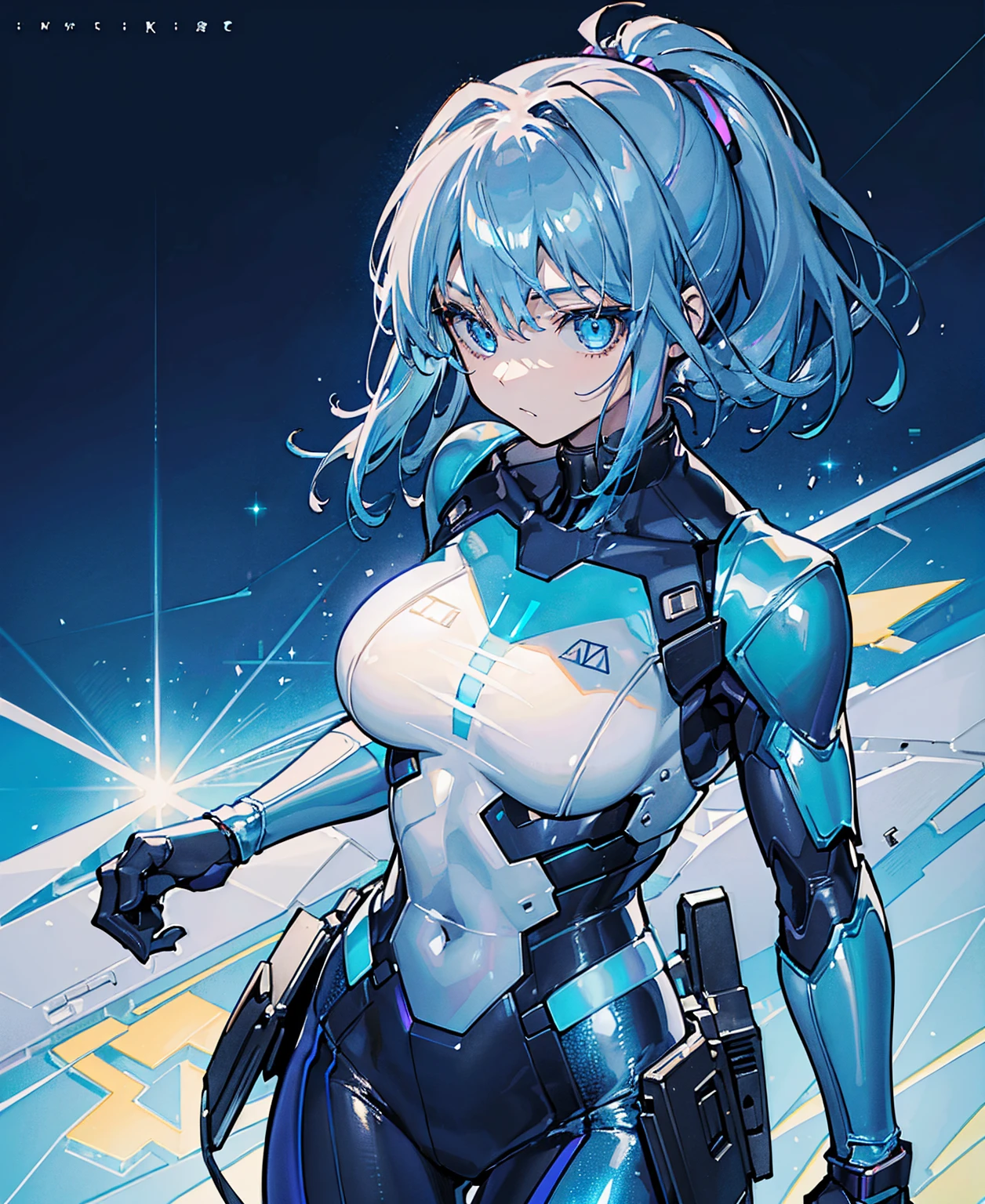 ((Holographic glow effect))、Blue Hair、Masterpiece、Best Quality、1 person、Medium breast、((Album cover))、Light on Face、Slim Body、Blue Costume、Exoskeleton、metal Gear、Cyberpunk Style、ponytail、The Gundam pilot、attention arousal，Ride a fighter