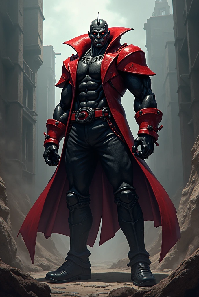 spawn2023, long red collar, red cowl, red cape, chains, skulls, glowing green eyes, red gauntlets, spikes, dramatic lighting, hyper realistic, raw image, 8k, muscular, uhd, best quality, award winning photo, rtx on, unreal engine 5, gothic city, absurdres, long cape, large red boot, large gauntlet, flowing cape, asymmetrical red Armor, comic book, Todd McFarlane art, mask
