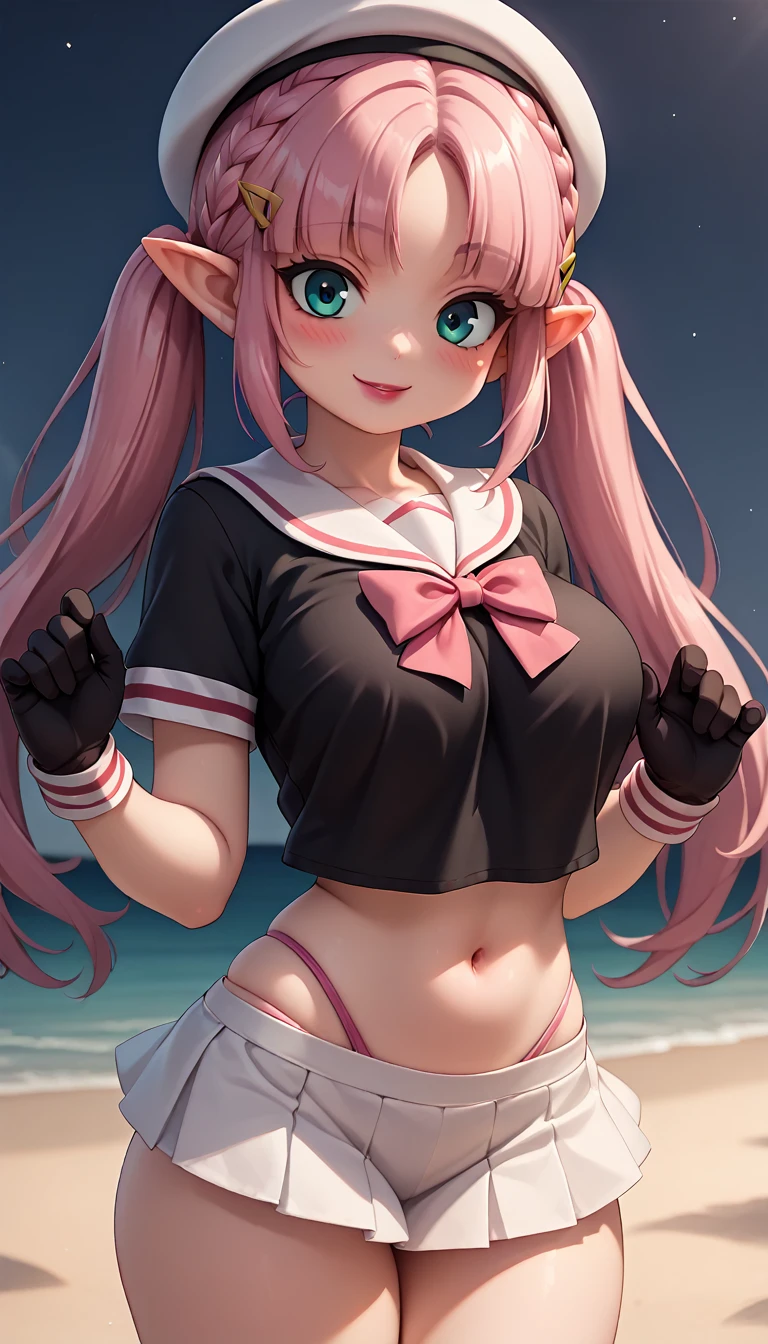 High resolution, Very detailed, perfect lighting, beautiful detailed eyes, ((masterpiece,Best Quality)), absurdities, alone, princess zelda, by the width, crown braid, Hair clip, pointy ears, Gloves without fingers, black gloves, smile, curves, nod, , deep neckline, deep neckline, blue thong, touching her in a sexy waclose up, pigtails with bangs, pigtails with bangs, touching her breasts in way, teal ey close up, pigtails with bangs, pink beret, Slim fit sailor suit, Slim fit sailor suit, short black skirt, down on my knees, down on my knees, pink beret, pink stockings, pink stockings, crouched on her knees, overhead, overhead, view from behind, view from behind, big ass, pigtails with fge, sexy blue lingerie, pinair