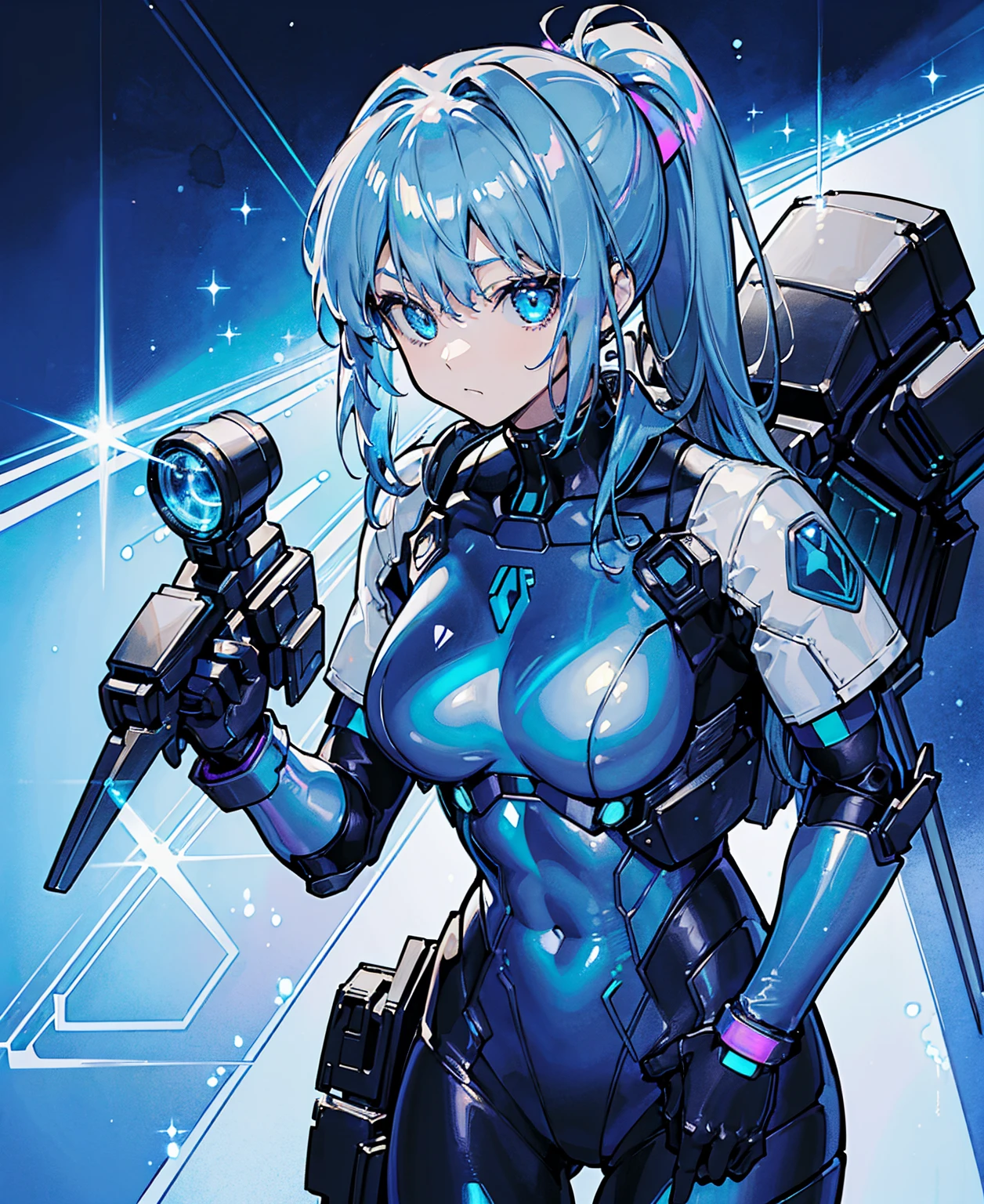 ((Holographic glow effect))、Blue Hair、Masterpiece、Best Quality、1 person、Medium breast、((Album cover))、Light on Face、Slim Body、Blue Costume、Exoskeleton、metal Gear、Cyberpunk Style、ponytail、The Gundam pilot、attention arousal，Ride a fighter