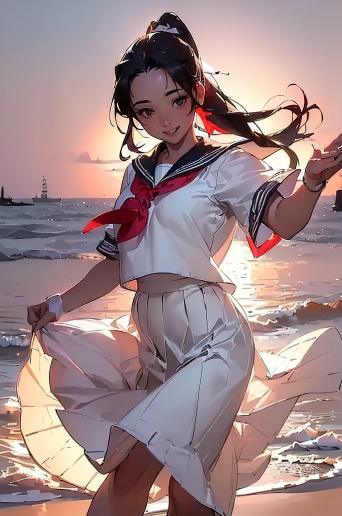 ((((High resolution, Intricate details, masterpiece, 8k))), (((beautiful, Sailor suit, Long skirt, dancing, Shape of Light))), (One Woman, smile, Red cheeks)), (Black Hair, Beautiful forehead, Long Hair, ponytail, Big ribbon, Glowing Skin, looking down), looking at viewer, look at viewer, Ocean, Sandy Beach, evening, sunset