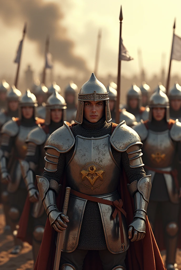 there are many men in armor standing together with swords, portrait of ((charlize theron)), black and white cinematography, undead soldiers in background, roman legionnaire, three women, animation key shot, dark grey robes, anthropomorphic warrior piglet, guard, photograph of a techwear woman, high definition cgsociety, cryptoblades, caesar