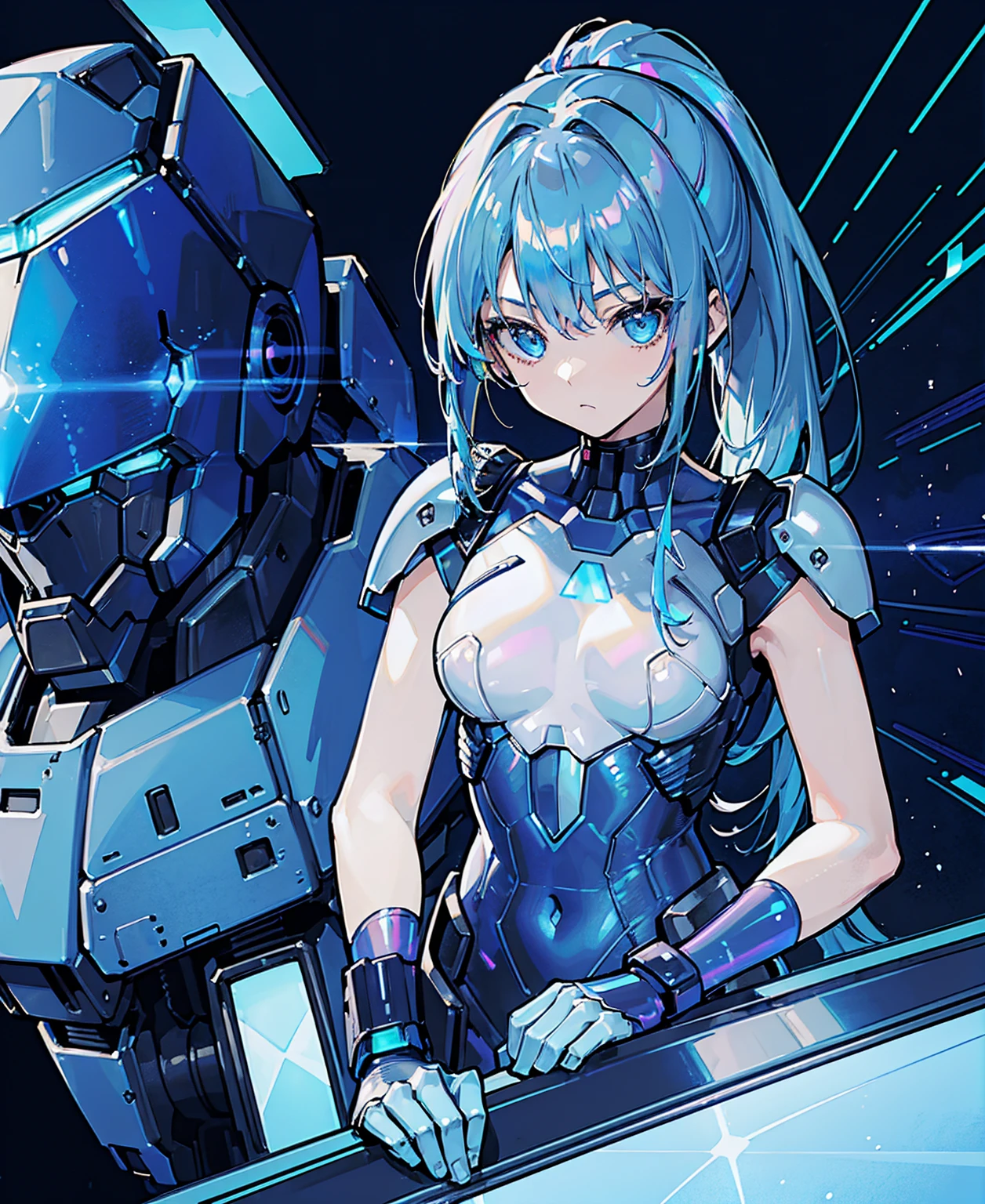 ((Holographic glow effect)),Blue Hair、Masterpiece、Best Quality、1 girl、Medium breast、((Album cover))、Light on Face、Slim Body、Blue Costume、Exoskeleton、metal Gear、Cyberpunk Style、ponytail、The Gundam pilot、attention arousal,Ride a fighter