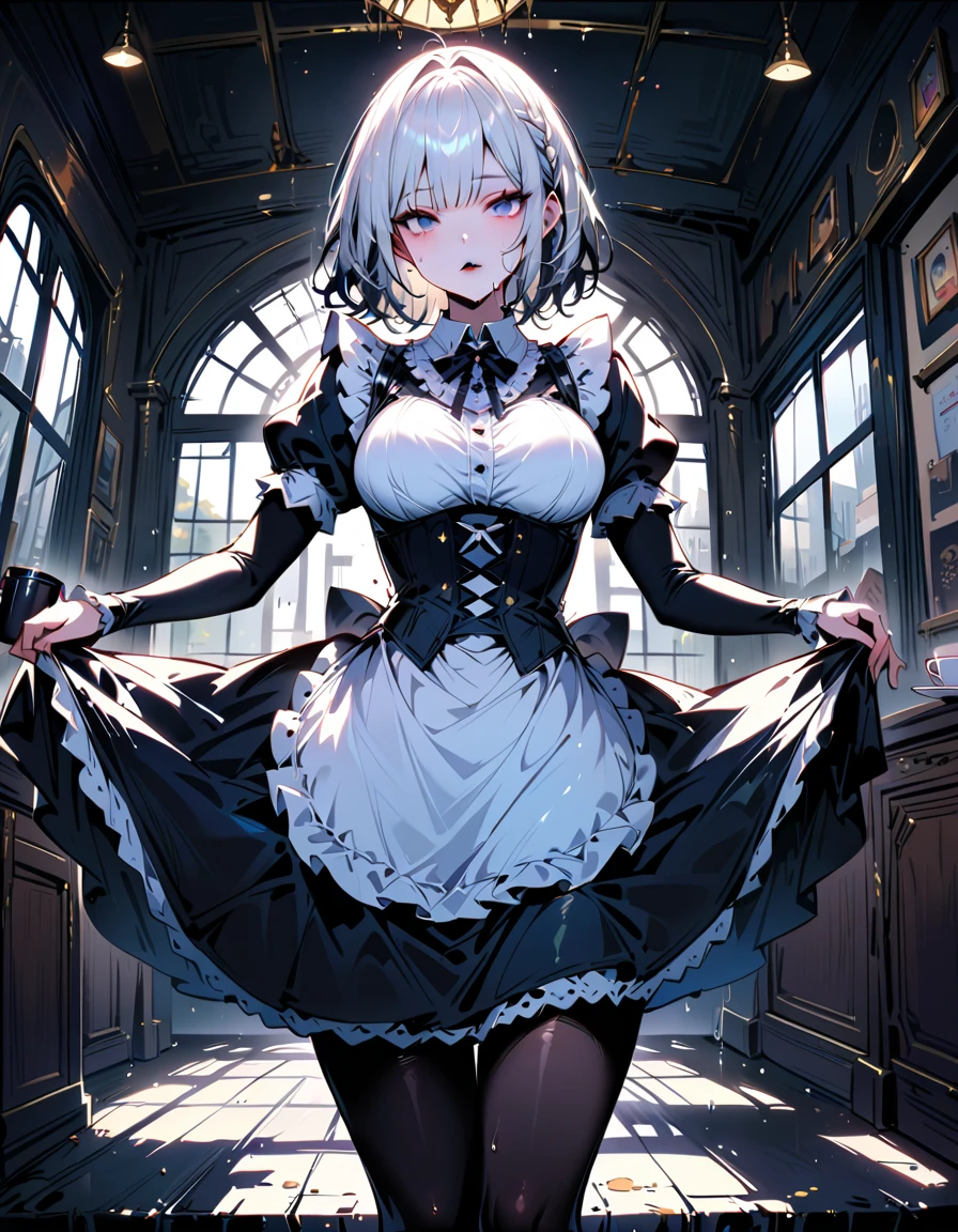 Young beautiful woman,(Highest quality,Extremely detailed depiction,Incredibly absurd high resolution,Anatomically accurate depiction,Curvy Legs,Shiny skin,Porcelain-like skin),(Black and white gothic maid outfit,Maid Skirt,corset,black tights,High heels),eyelash,(Silver Hair,Black Eyes,Eyes half closed:1.5,Large Breasts,Glossy black lips:1.2,Heavy makeup,Pottery vaseを抱えている:1.5),Sweat:0.8,(whole body),background:Bright corridor of the castle,Pottery vase,