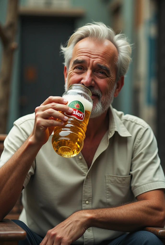 Man drinking beer in a water bottle with brand name "BISLERI"
