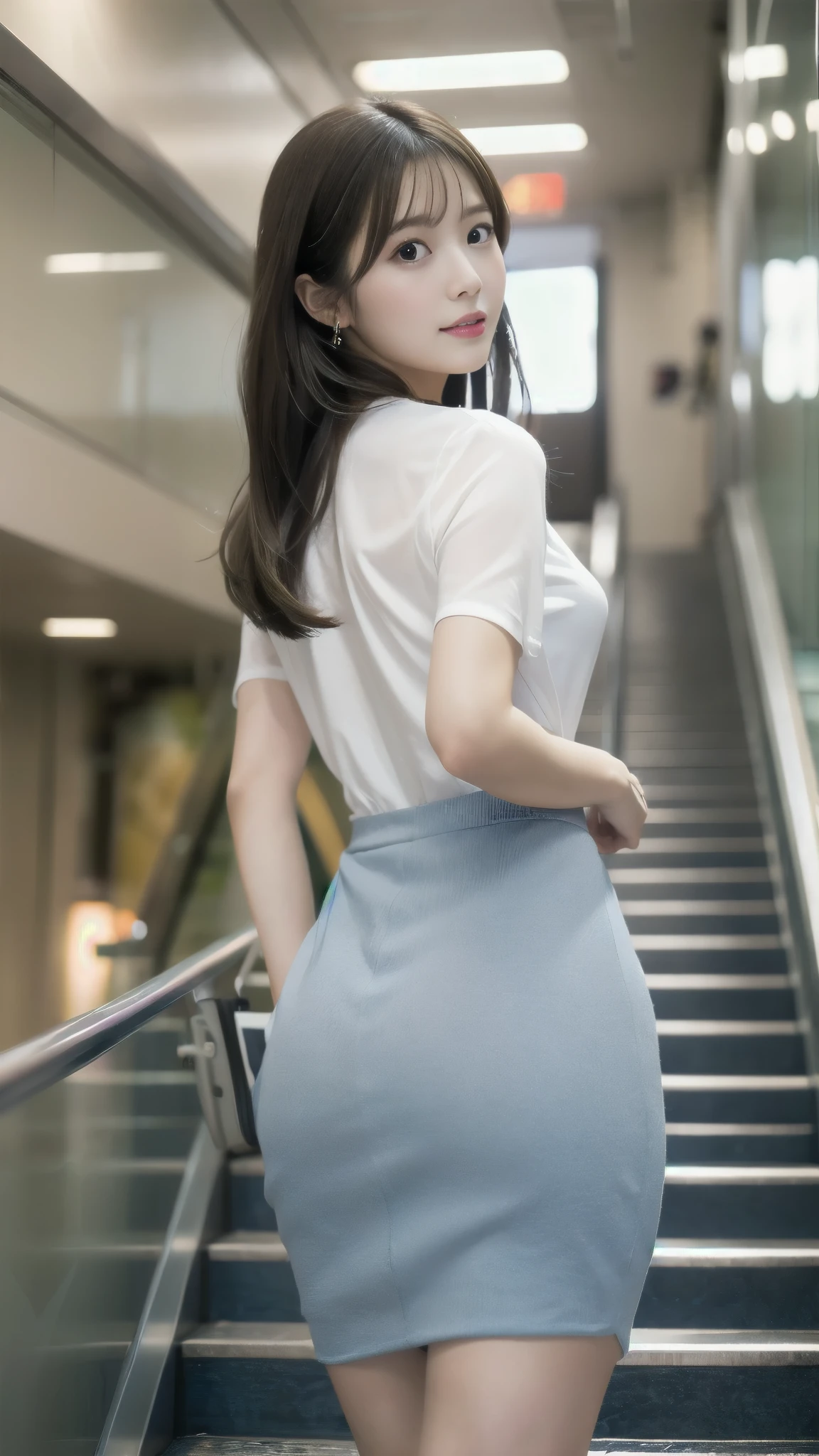 top-quality、超A high resolution、(Photorealsitic:1.4)、女の子1人、Gray pantsuit、Office stairs、turned around、A little smile、Unusual look、Sexy buttocks、White blouses、Beautiful curved waist constriction、Document Case Retention