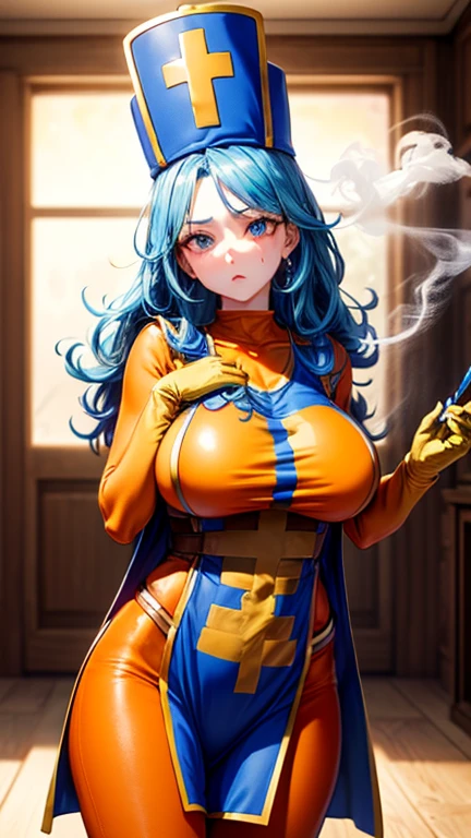 masterpiece, Highest quality, (Unreal Engine), reality:1.8, Super Resolution,  Very detailed, Complex, colorful, Clear images, Sharp focus, Digital Blending,  

Beautiful woman, Dragon Quest Female Monk, long sky blue hair, Blue priest hat, ((Orange bodysuit)), friend, ((Tabard)), Elbow-length gloves, Vivid expression, Healthy Body, Beautifully detailed sweat glands, Smooth skin texture, Carefully drawn, 

(humidity:1.2), (Lewd Scent:1.5), Beautiful Eyes, (Attractive face:1.2), (Beautiful Skin), Tight waist, (Big Breasts), Round Breasts, (Sticky with sweat), Irresistibly sexy pose, 

In the world of Dragon Quest, ((In a room filled with the smoke of aphrodisiac incense)), ((Hasselblad Photos), Dynamic Angle),