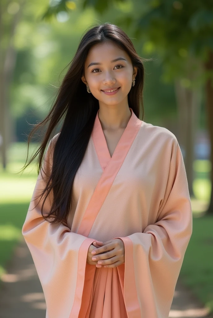 "A serene scene with a person sitting peacefully, surrounded by nature. They are smiling, embodying gratitude and contentment, despite having a visible imperfection or disability. The background should have soft, warm colors like pink and lavender, with hints of black to symbolize the contrast between life's good and bad moments."