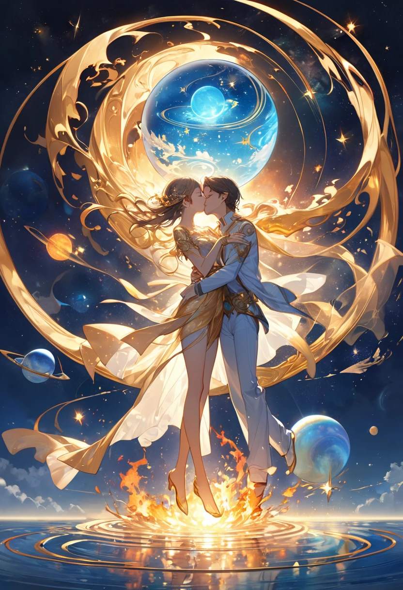Design a sensual and intimate portrait of two lovers embracing passionately under starlight. Their bodies entwine softly, expressing genuine affection and connection. Delicate tendrils of golden light emanate from their touch points, symbolizing the warmth and intensity of their bond. Surrounding them is a celestial landscape filled with swirling galaxies, planets, and constellations, representing the vastness and mystery of love. Utilize subtle color gradients and soft focus techniques to evoke emotion and intimacy without crossing into explicit territory. (full body:1.5), enormous tits