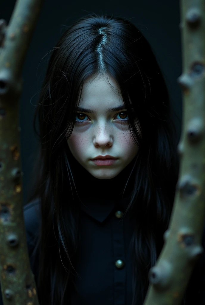 A girl with pale skin and long, straight black hair. large and dark eyes , with an intense and enigmatic expression. wearing a black coat and a jeans overalls, with a more elegant and sophisticated touch, something that matches her mysterious and strong personality. Overall, her appearance would be striking, attracting curious and intrigued looks. flat chested, cinematic lighting, chromatic aberration, backlighting, masterpiece, high details, high quality, 4K.