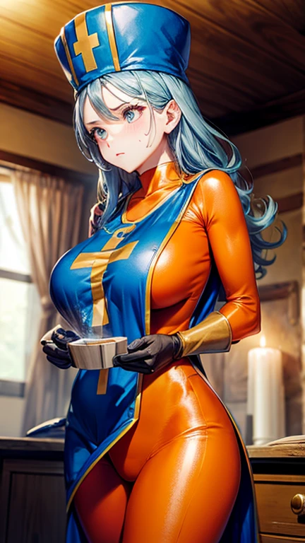 masterpiece, Highest quality, (Unreal Engine), reality:1.8, Super Resolution,  Very detailed, Complex, colorful, Clear images, Sharp focus, Digital Blending,  

Beautiful woman, Dragon Quest Female Monk, long sky blue hair, Blue priest hat, ((Orange bodysuit)), friend, ((Tabard)), Elbow-length gloves, Vivid expression, Healthy Body, Beautifully detailed sweat glands, Smooth skin texture, Carefully drawn, 

(humidity:1.2), (Lewd Scent:1.5), Beautiful Eyes, (Attractive face:1.2), (Beautiful Skin), Tight waist, (Big Breasts), Round Breasts, (Sticky with sweat), Irresistibly sexy pose, 

In the world of Dragon Quest, ((In a room filled with the smoke of aphrodisiac incense)), ((Hasselblad Photos), Dynamic Angle),