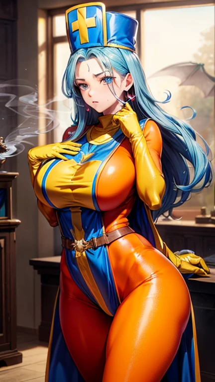 masterpiece, Highest quality, (Unreal Engine), reality:1.8, Super Resolution,  Very detailed, Complex, colorful, Clear images, Sharp focus, Digital Blending,  

Beautiful woman, Dragon Quest Female Monk, long sky blue hair, Blue priest hat, ((Orange bodysuit)), friend, ((Tabard)), Elbow-length gloves, Vivid expression, Healthy Body, Beautifully detailed sweat glands, Smooth skin texture, Carefully drawn, 

(humidity:1.2), (Lewd Scent:1.5), Beautiful Eyes, (Attractive face:1.2), (Beautiful Skin), Tight waist, (Big Breasts), Round Breasts, (Sticky with sweat), Irresistibly sexy pose, 

In the world of Dragon Quest, ((In a room filled with the smoke of aphrodisiac incense)), ((Hasselblad Photos), Dynamic Angle),