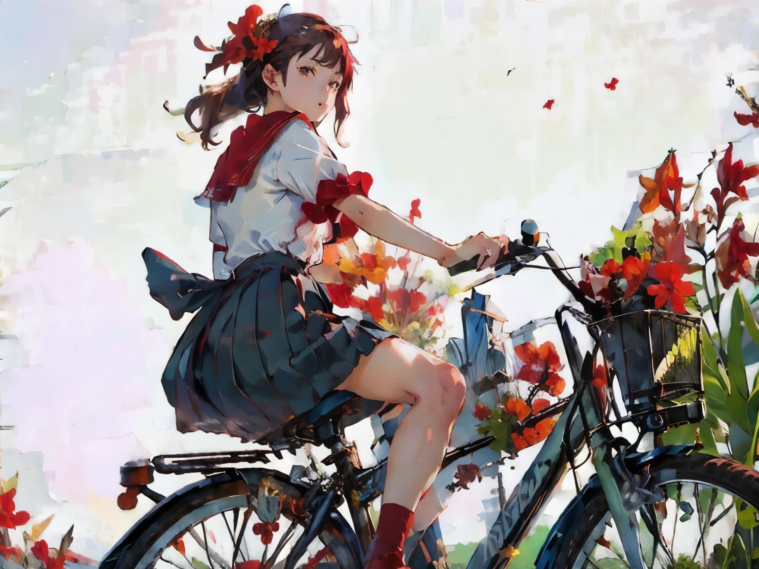 (masterpiece, Highest quality:1.2), One girl, ride a bicycle, alone, A look of disgust、(Red canna flowers blooming)、