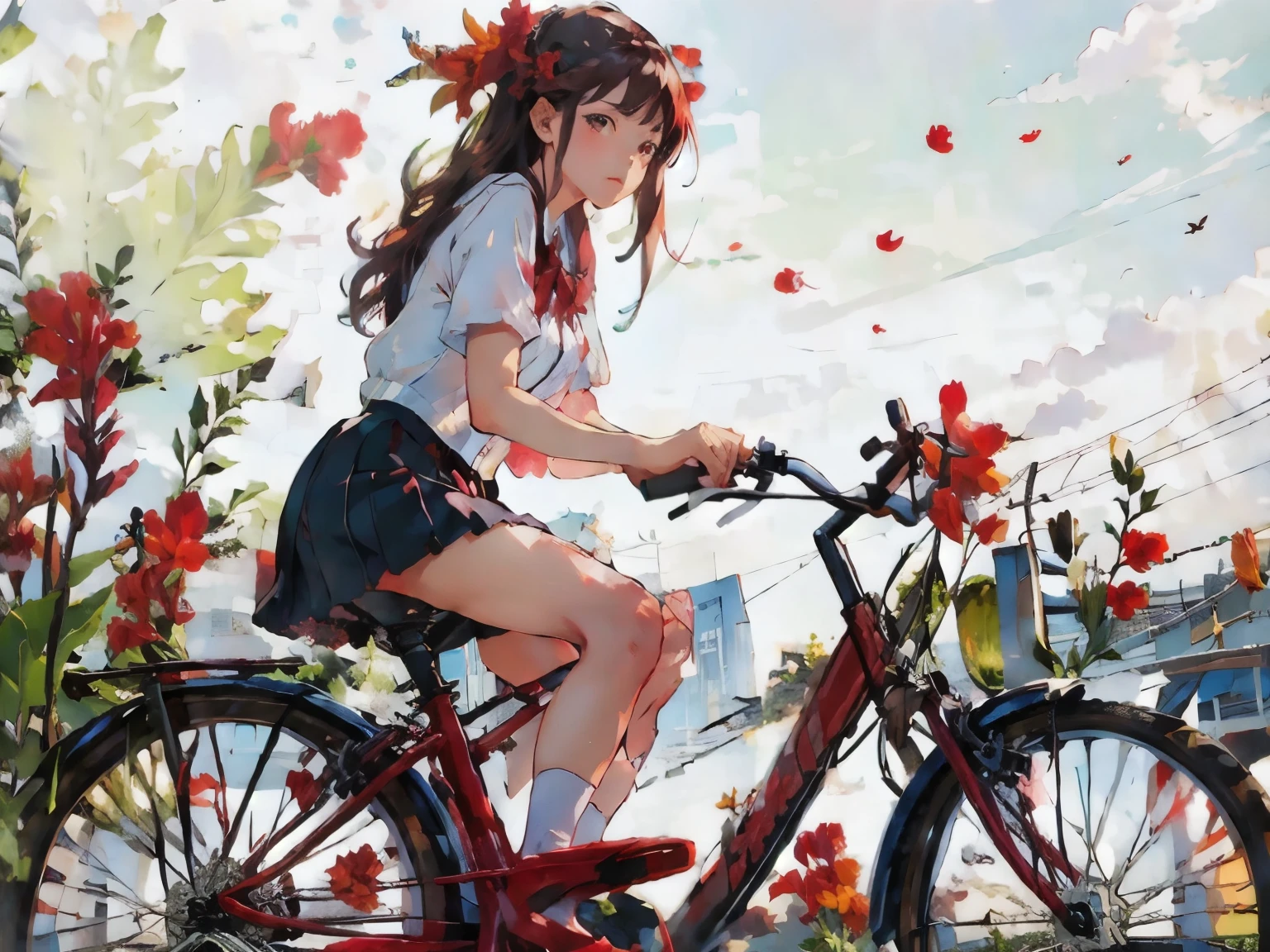 (masterpiece, Highest quality:1.2), One girl, ride a bicycle, alone, A look of disgust、(Red canna flowers blooming)、