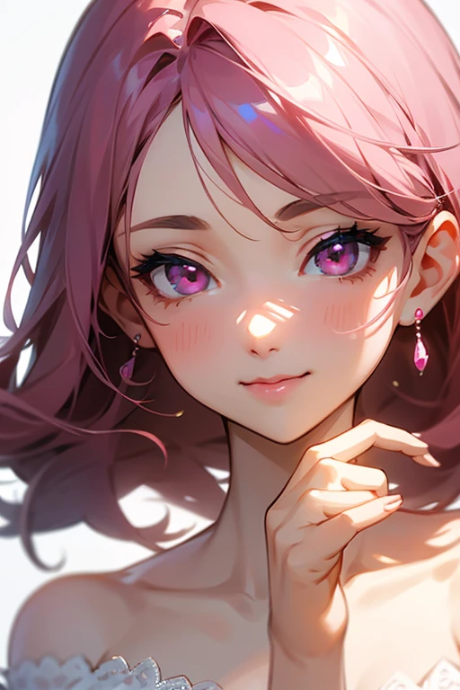 Very detailed CG Unity 8K wallpaper, Cute One lady, Mature pink hair、lady ,beautiful lady, pale skin (Super masterpiece, Beautiful person, well detailed face polluted smile, Photorealistic, hyper realisitic), Colorful winter kimono in pink and white colors、(white fur)、Japanese Style Hair Accessories、smile、Japanese background with light pink flowers and snow、Portrait、(pink eye)、(flat chest:1.0)、(Glowing Skin:1.7)、Detailed eyes、Big eyes、Open your mouth、Hide your arms