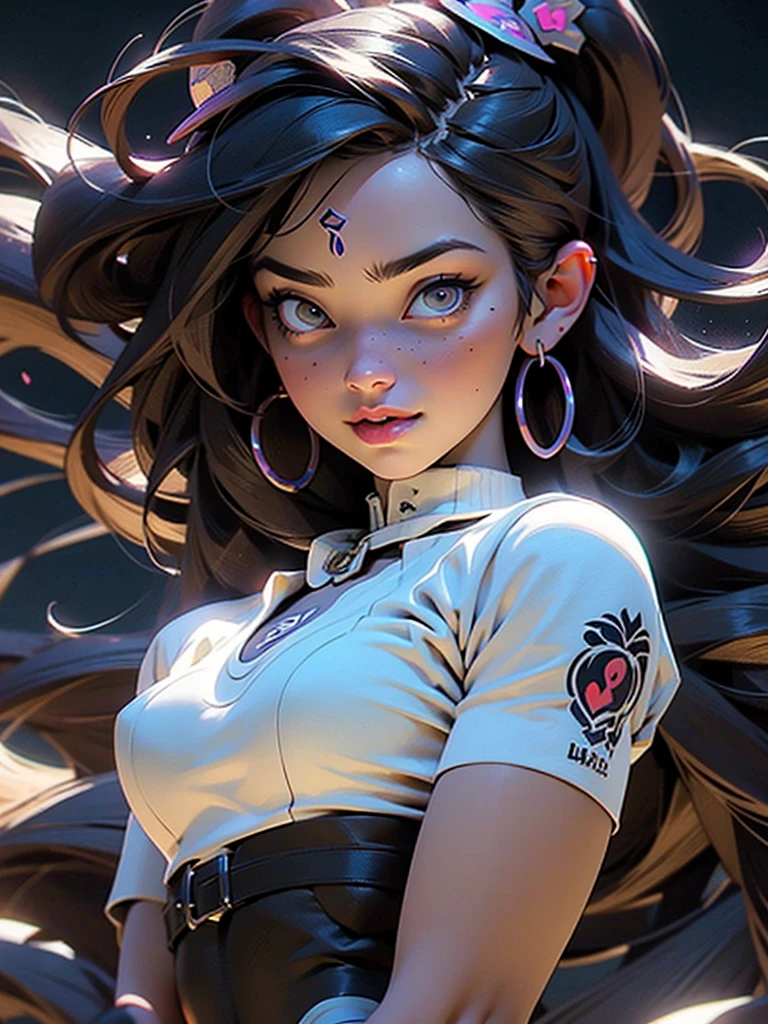 (best quality,4k,highres,masterpiece:1.2),ultra-detailed,(realistic:1.37),(HDR,UHD),(studio lighting),(extreme detail description),(physically-based rendering),3D anime, long brown free flowing hair, black cut crop top, tiny black shorts,vivid colors,sharp focus tanned skin