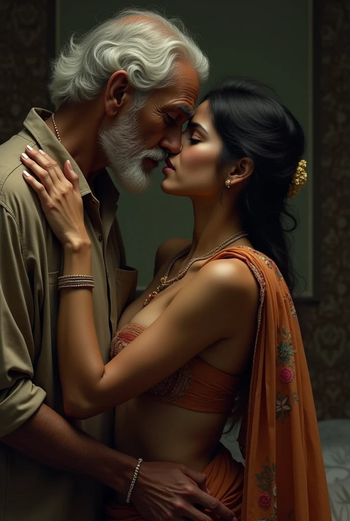 An Indian old man sitting in his natural village garden shower with his sexy cute young long hair horny girl, she's wearing semi nude transparent white SAREE without blose, her huge boobs are grabbed by the old man & the old man's huge dick was hold by the girl in her smooth hand with care and masturbating his pennies.