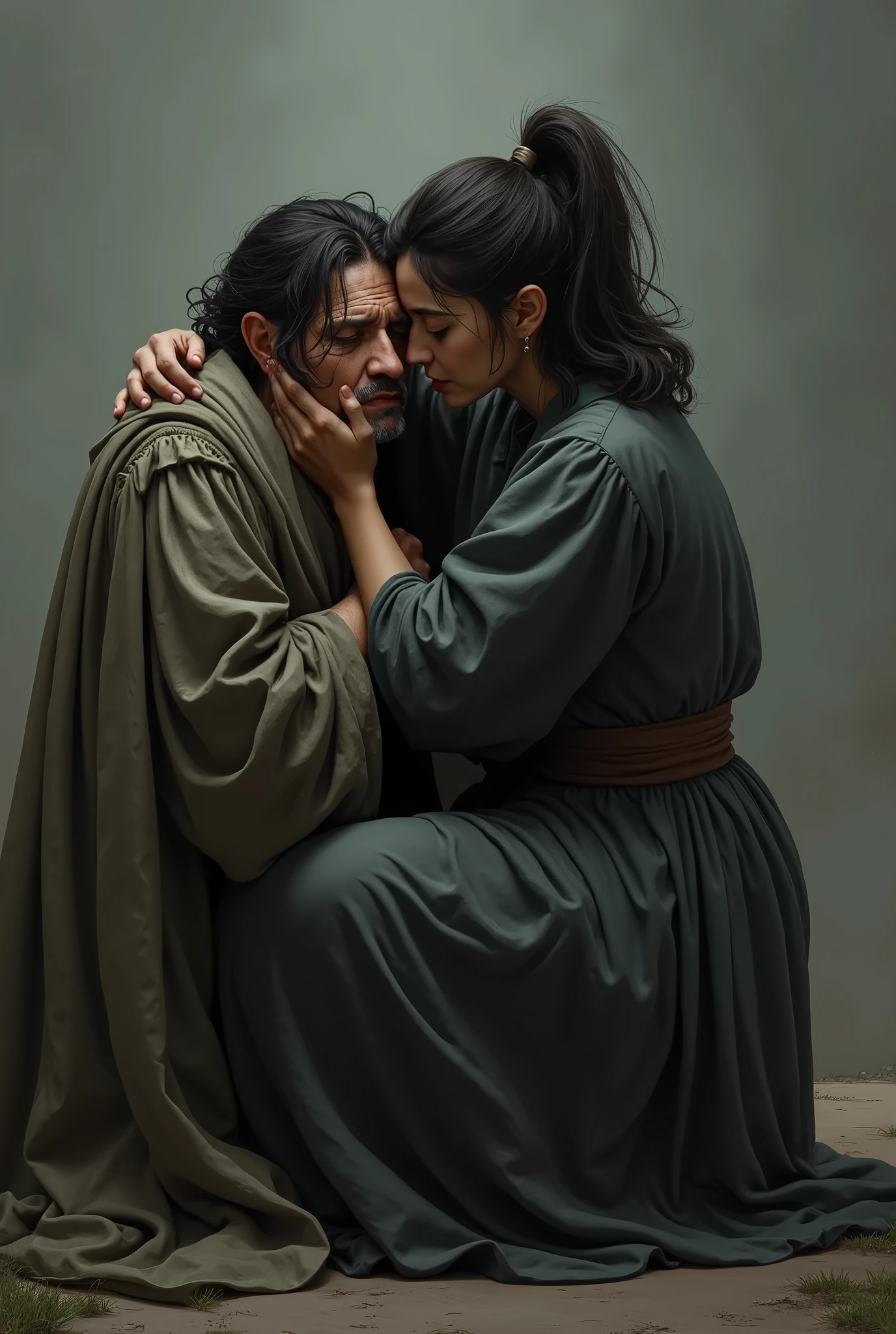 a closeup of a, (((ah high, Large male,His face is not visible, stands behind the woman's back))), (((hugs her with one hand))), (((Woman crying))), (((There is a cape on his head, Black hair frames her face))), (((tears flow from my eyes))), (((she suffers,grieving, Mourns)))
