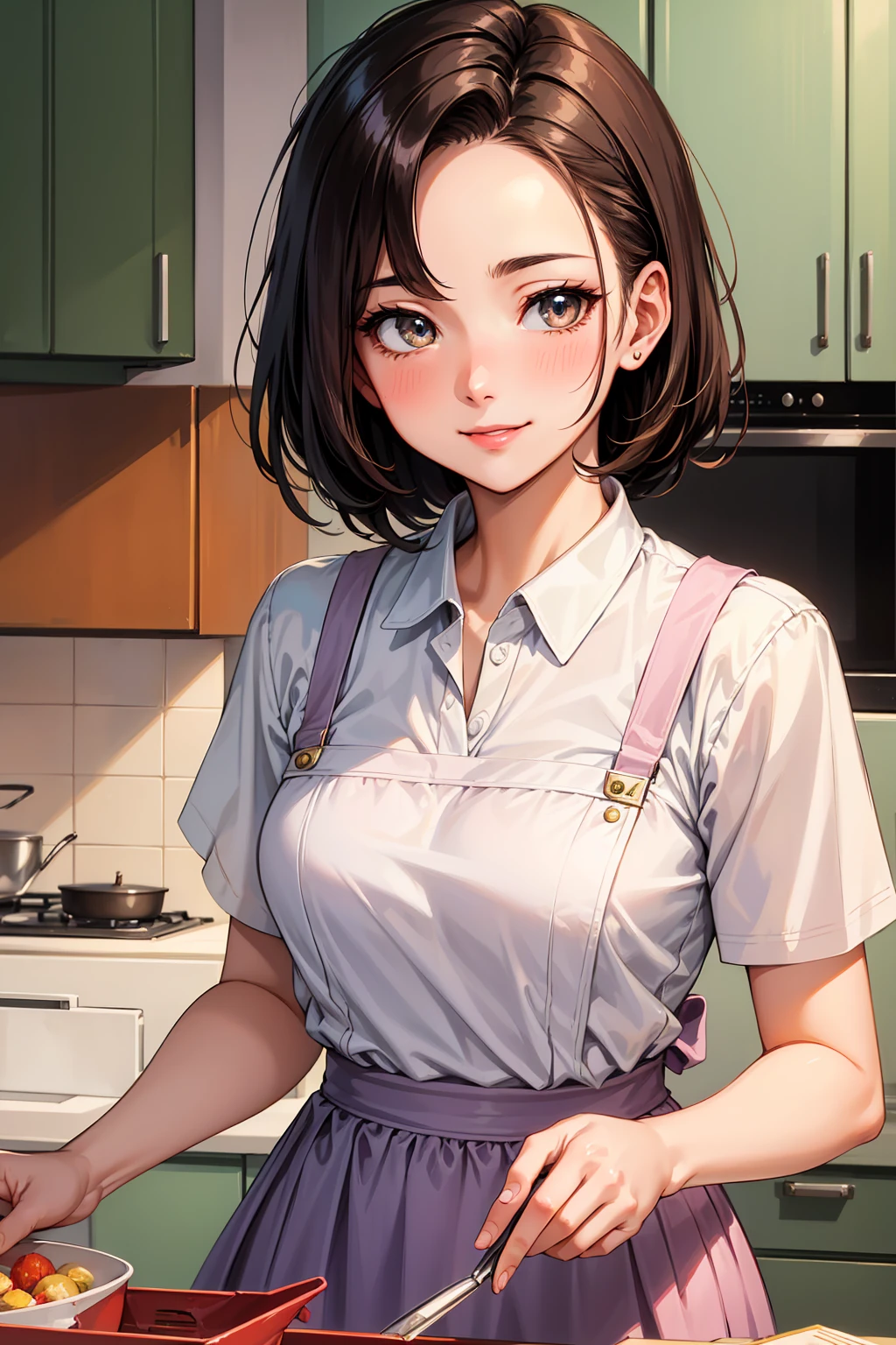 masterpiece, super high quality, Beautiful details, Very detailed,16K, Exquisite, High resolution, Beautiful background, Beautiful Eyes, Beautiful Skin, 1980s \(style\), retro artstyle, masterpiece, Highest quality, High resolution, 1 Female, solo, 2D, cheer up, Highest quality, High resolution, kitchen, beauty,  Mature Woman&#39;Facial Features, Smile like a mother、blush, Embarrassing, expensive, vapor、vapor、humid、Detailed costume, Detailed Background,、Sexy、Sexy Negligee、Knee-high socks